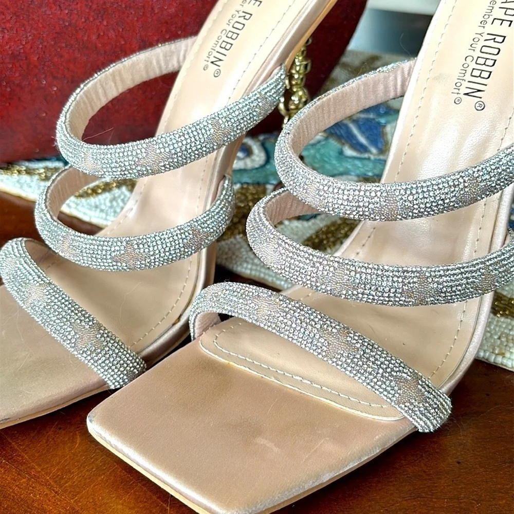 Cape Robbin Rhinestone Multi-Strap Square Toe High Heels Stilettos Sparkly Beige